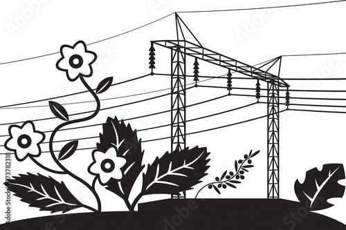 Electrical power line over field with flowers – vector illustration