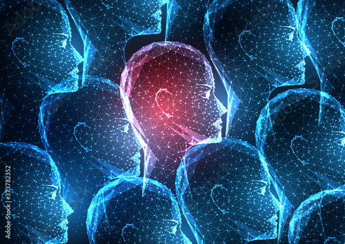 Futuristic one individual standout in crowd concept with glowing low polygonal group of human faces