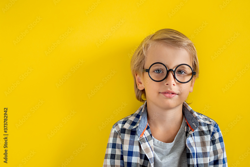 Portrait of cute and clever blonde Caucasian boy in a checked shirt on yellow background. 1 September day. Education and back to school concept. Child pupil ready to learn and study.