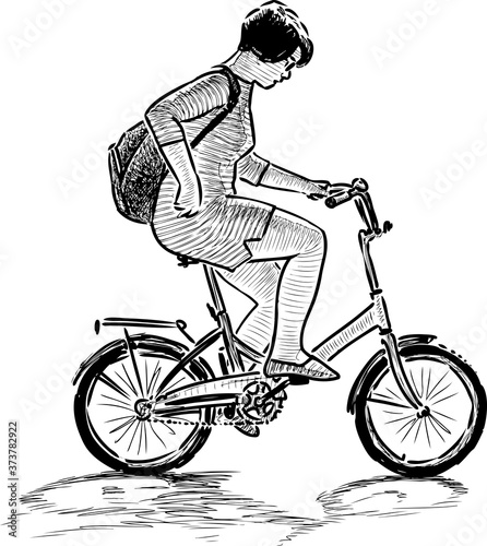 Freehand drawing of city girl with backpack riding a bicycle on summer day