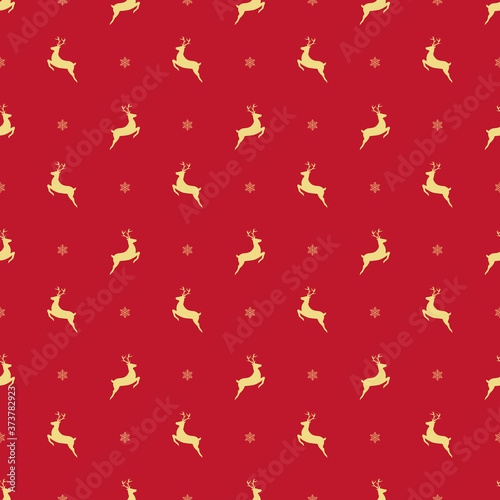 Christmas seamless pattern with reindeer on red background. Vector illustration.