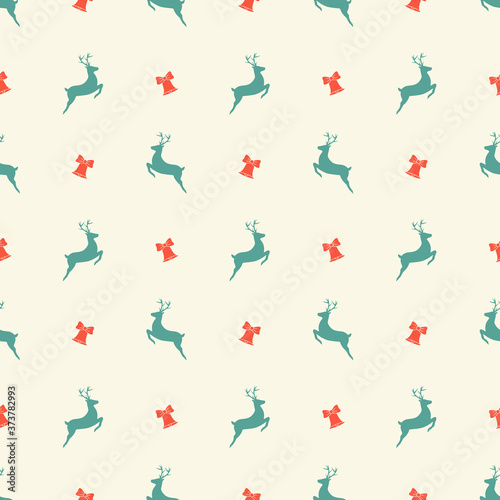 Christmas seamless pattern with green deer with red bells on a white background. Vector illustration.