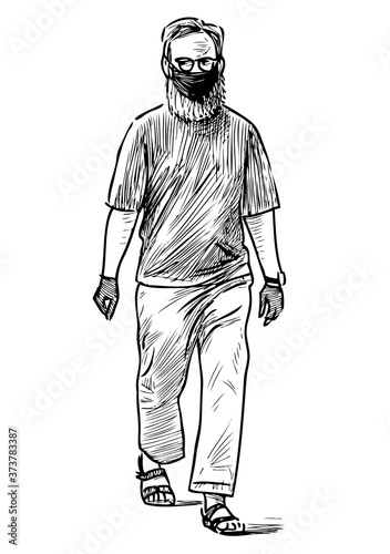 Sketch of bearded man in mask and gloves walking along street