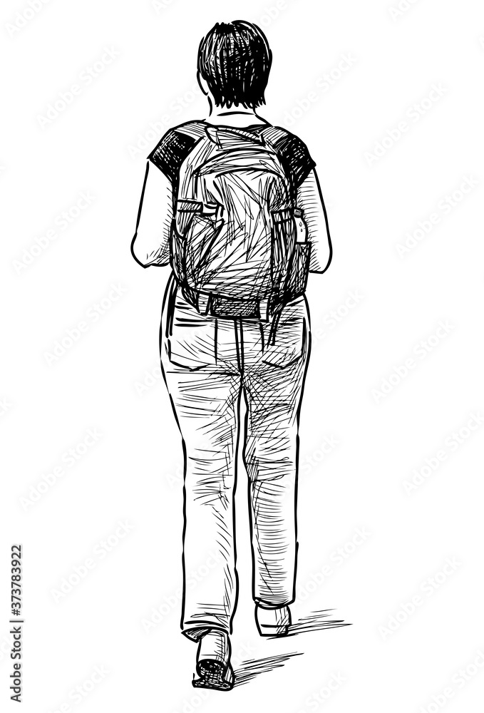 Sketch of tourist woman with backpack walking along street on summer day Sketch of tourist woman with backpack walking along street on summer day