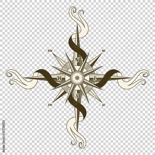 Vintage nautical compass. Old vector design element for marine theme and heraldry on transparent background. Hand drawn wind rose
