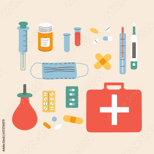 Set various Medical equipment: drugs, thermometer, pills, mask, patch, cone, syringe, bottle. Hand drawn Vector illustration.