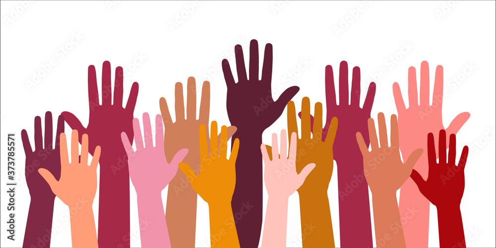 Colored volunteer crowd hands isolated on white background. Raised hand silhouettes, people colorful voting vector illustration. Teamwork, collaboration, voting, volunteering concert. Colored volunteer crowd hands isolated on white background. Raised hand silhouettes, people colorful voting vector illustration. Teamwork, collaboration, voting, volunteering concert.