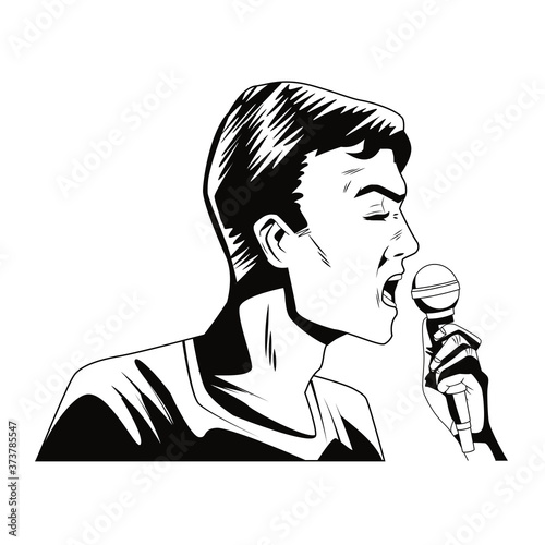 monochrome young man with microphone character pop art style