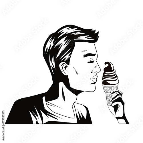 monochrome young man eating ice cream pop art style
