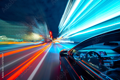 Photography View from Side of Car moving in a night city, Blured road with lights with car on high speed