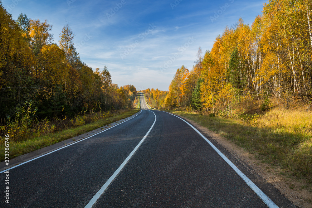 Highway, road and autumn trees with blue sky. Beautiful autumn natural landscape Highway, road and autumn trees with blue sky. Beautiful autumn natural landscape