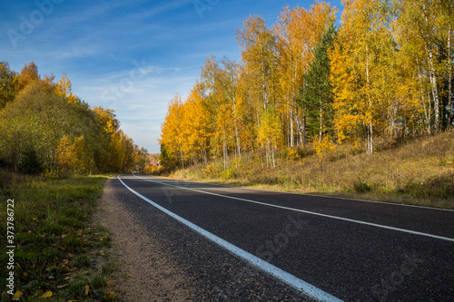 Highway, road and autumn trees with blue sky. Beautiful autumn natural landscape