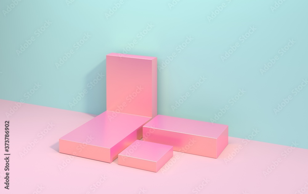 Podium to showcase products from cubes of pink gradient with pastel background, 3d render Podium to showcase products from cubes of pink gradient with pastel background, 3d render