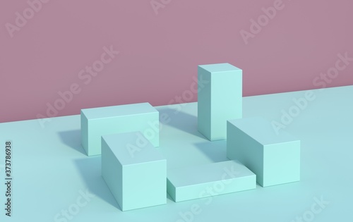 Podium to showcase products from cubes of blue pastel color, 3d render