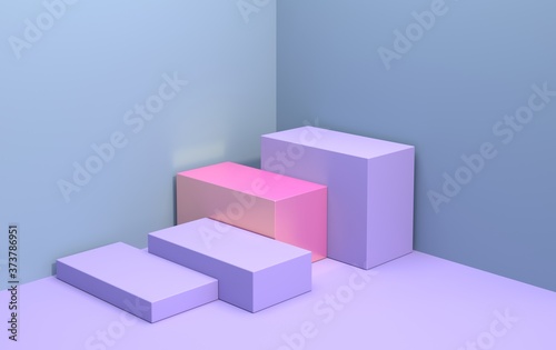 Podium for displaying goods from cubes of purple pastel color in the corner, 3d render