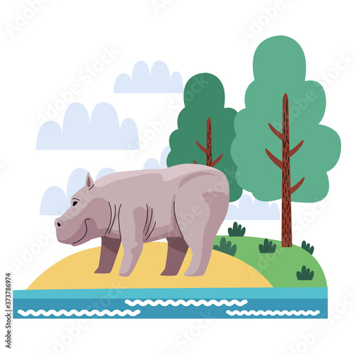 wild rhino animal in the landscape nature scene