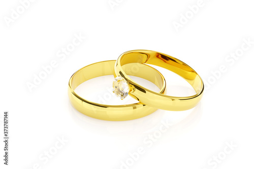 Pair of gold and diamond wedding rings isolated on white background. 3d illustration.