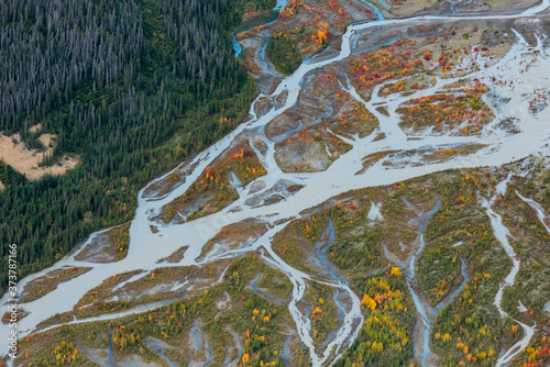 Canada, Yukon, Kluane National Park, aerial of braided river and fall color. photo