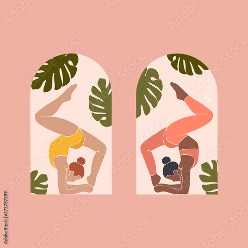 Women doing yoga activity at home. Vector illustration. Stay at home and things to do in self isolation and social distancing during epidemic.