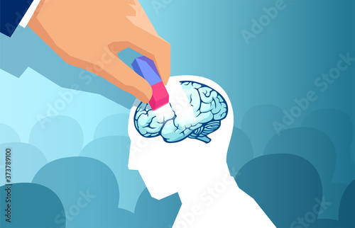 Vector of a hand erasing part of the human brain of a man