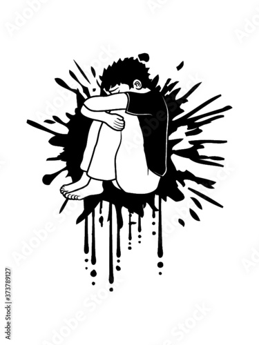 Trauriger Mann Farbklecks Tropfen Sitzender am Boden Trauern Unglücklich Depression 