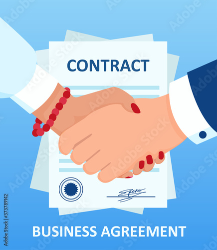 Vector of a businesswoman handshaking with business man on a background of contract document