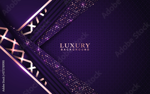 Luxury background design with purple and rose golden element decoration. Elegant paper art shape vector layout template for use cover magazine, poster, flyer, invitation, product packaging, web banner