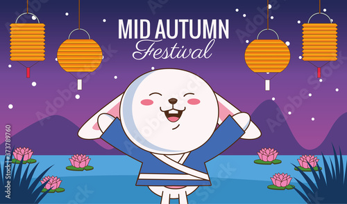 mid autumn celebration card with little rabbit and lanterns hanging in the camp