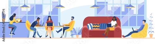Diverse People Working, Relaxing, Drinking Coffee and Messaging with Gadgets in Coworking Area or Office. Teamwork Communication, Digital Technologies and Crowdsourcing People Flat Vector Illustration