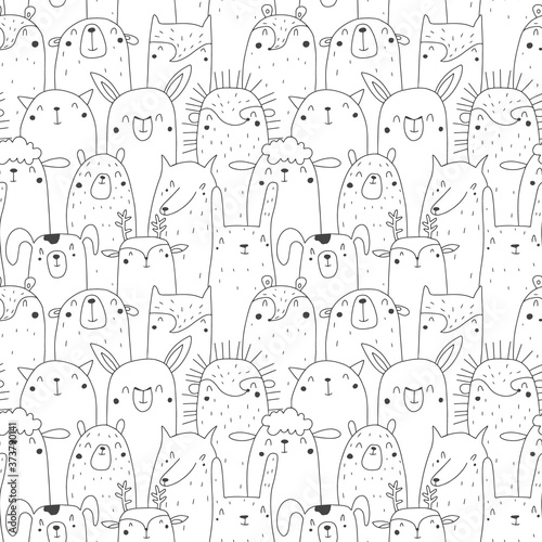 Seamless pattern with animals bear, Fox, ferret, cat, llama, hedgehog, wolf, hamster, sheep, deer, dog, hare. doodle style black line. Vector illustration