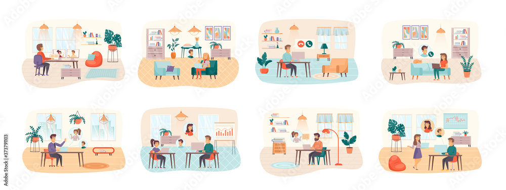 Video conference bundle of scenes with flat people characters. Online talking, teleconference, video call conceptual situations. People communication online by computer cartoon vector illustration