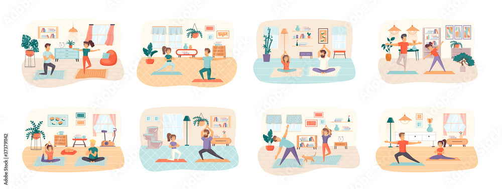 Yoga bundle of scenes with flat people characters. Family couple together practicing yoga at home conceptual situations. Calmness and relax, sports activities and wellness cartoon vector illustration