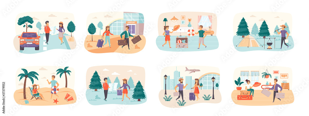 Travel vacation bundle of scenes with people characters. Couple with luggage boarding in airport situations. Summertime beach vacation, camping in forest, traveling by car cartoon vector illustration.
