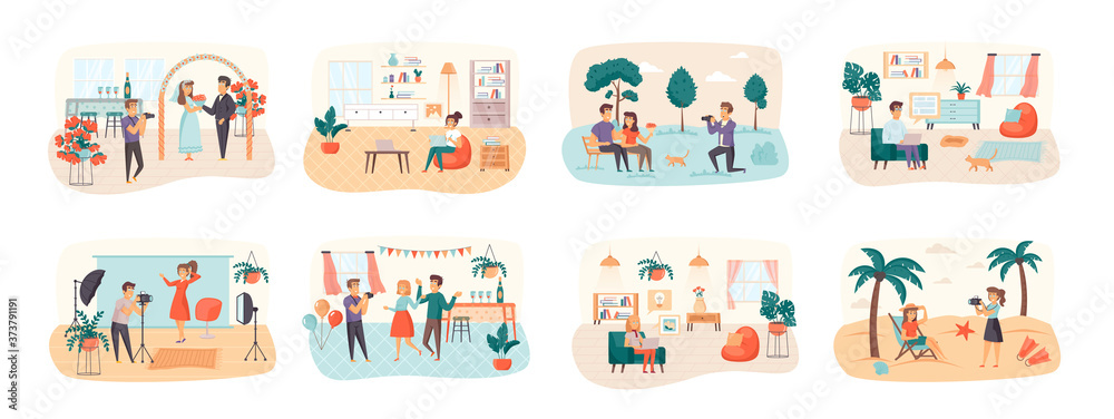 Designers and photographers bundle of scenes with people characters. Professional photography of festive events conceptual situations. Digital designer work with laptop cartoon vector illustration. Designers and photographers bundle of scenes with people characters. Professional photography of festive events conceptual situations. Digital designer work with laptop cartoon vector illustration.