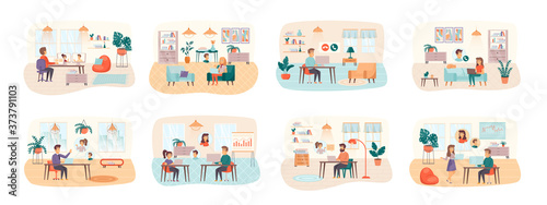 Video conference bundle of scenes with flat people characters. Online talking, teleconference, video call conceptual situations. People communication online by computer cartoon vector illustration