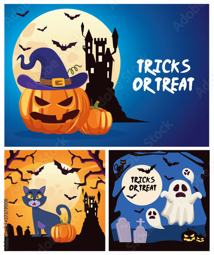 halloween tricks or treat lettering with castle and ghosts floating scenes