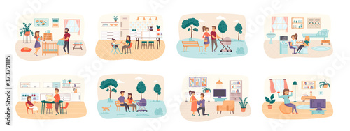 Pregnancy bundle of scenes with flat people characters. Motherhood and childhood of newborn conceptual situations. Young married couple expecting baby and after childbirth cartoon vector illustration