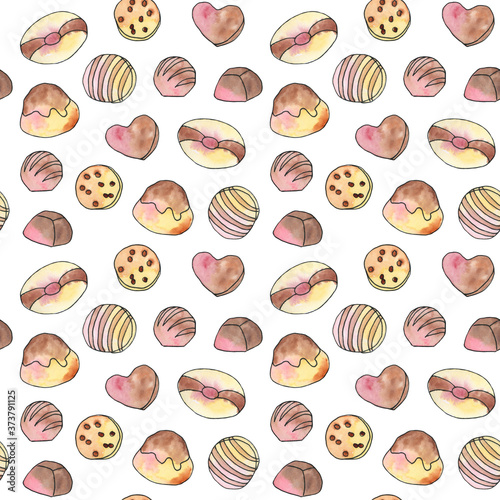 Seamless pattern with cookies and pastries painted in watercolors on a white isolated background. Perfect for wrapping paper, birthday parties, Valentine's Day and cafe design. 