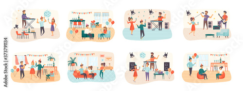 Party bundle of scenes with flat people characters. Happy friends celebrating holiday, dancing in nightclub with dj, making photo, having fun together situations. Birthday party vector illustration.