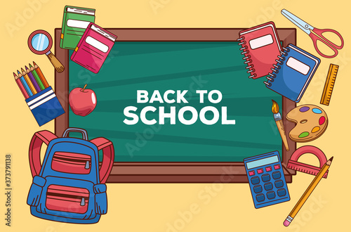 back to school lettering in chalkboard with supplies