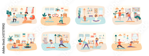 Yoga bundle of scenes with flat people characters. Family couple together practicing yoga at home conceptual situations. Calmness and relax  sports activities and wellness cartoon vector illustration