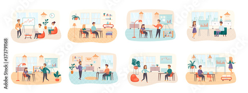 Office manager bundle of scenes with people characters. Colegues comunication and cooperation at workplace conceptual situations. Partnership and team management in office cartoon vector illustration.