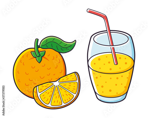 Orange fruit with slice and fresh juice glass isolated