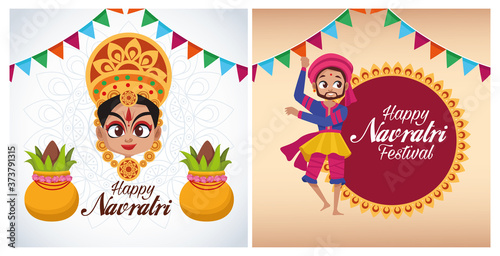 happy navratri celebration card letterings with goddess and man dancing