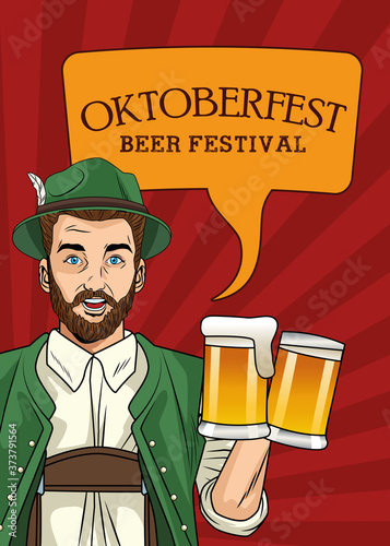 oktoberfest celebration card with german man drinking beers