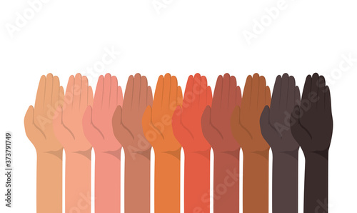 up hands with closed palm of different types of skins design, diversity people multiethnic race and community theme Vector illustration