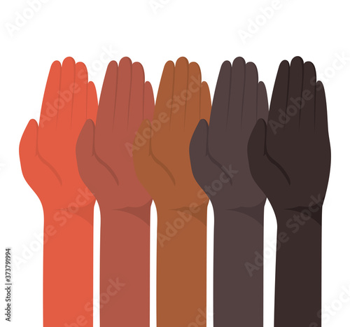 up hands with closed palm of different types of skins design, diversity people multiethnic race and community theme Vector illustration