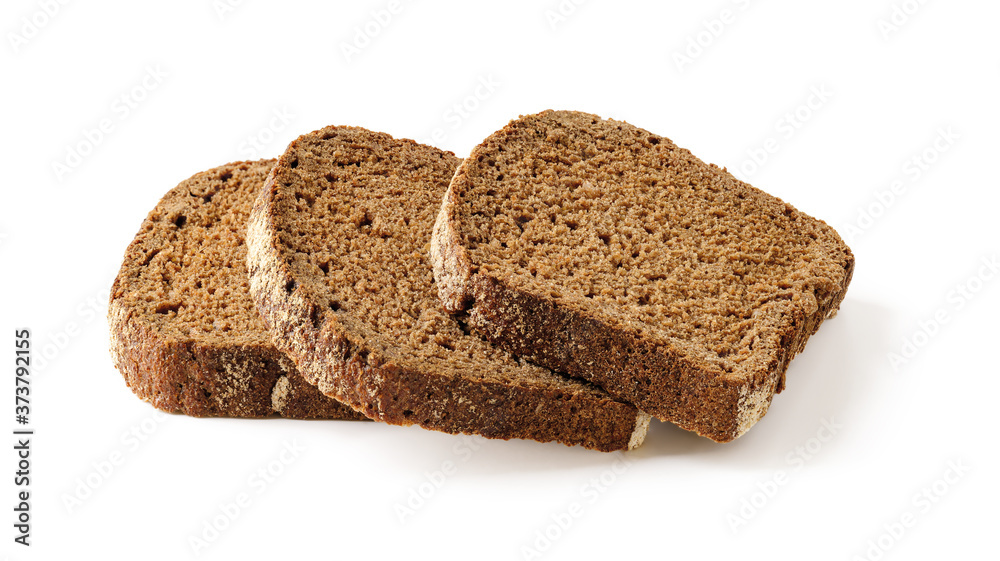 Three rectangular slices of fresh rye bread isolated on white background. Low calorie whole grain sourdough bread. Baking of dough and healthy eating. Three rectangular slices of fresh rye bread isolated on white background. Low calorie whole grain sourdough bread. Baking of dough and healthy eating.