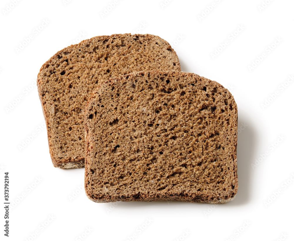 Two rectangular slices of fresh rye bread isolated on white background. Low calorie whole grain sourdough bread. Baking of dough and healthy eating. Two rectangular slices of fresh rye bread isolated on white background. Low calorie whole grain sourdough bread. Baking of dough and healthy eating.
