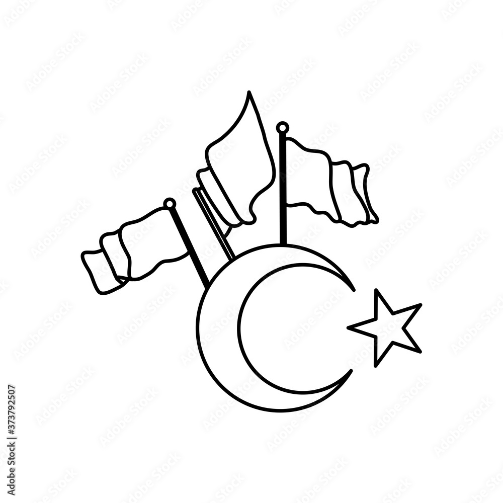turkey crescent moon and star and flags, line style turkey crescent moon and star and flags, line style